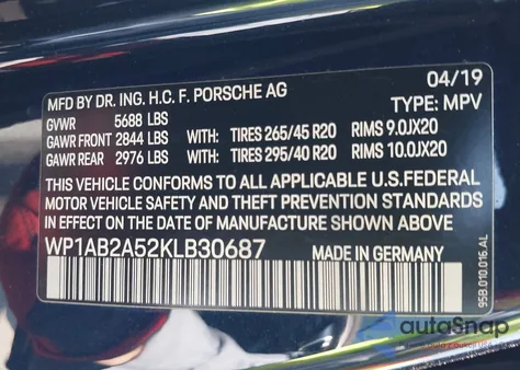 2019 Porsche Macan S z USA, uszkodzony, nr VIN WP1AB2A52KLB30687